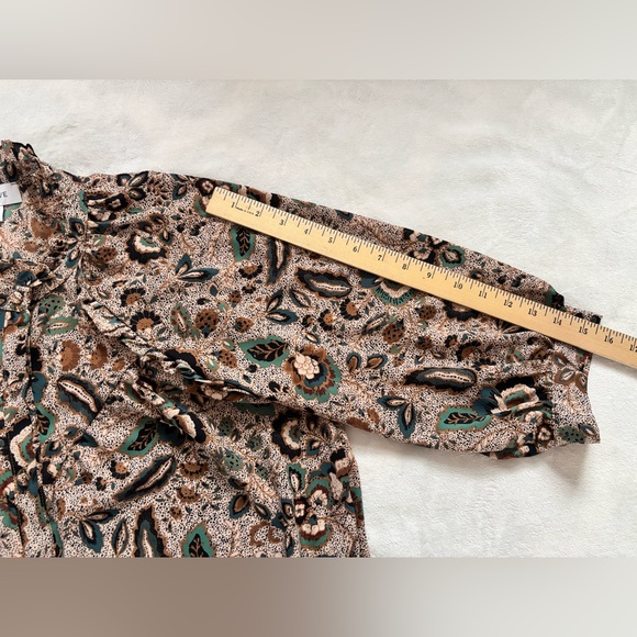 Evereve Paisley Ruffle Neck Blouse Green Brown Boho Size Small - Picture 6 of 11